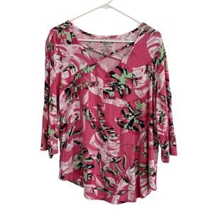 Palm Grove Women’s Size PXL Pink Tropical 3/4 Sleeve Beaded Blouse
